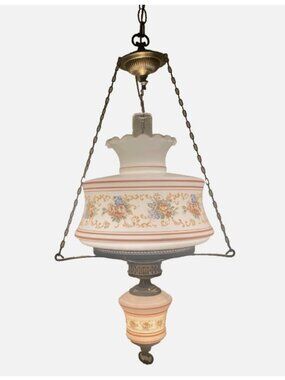 XL Vintage 3 Way GWTW Quoizel Brown & Floral Hurricane Lamp Hanging Swag Light
